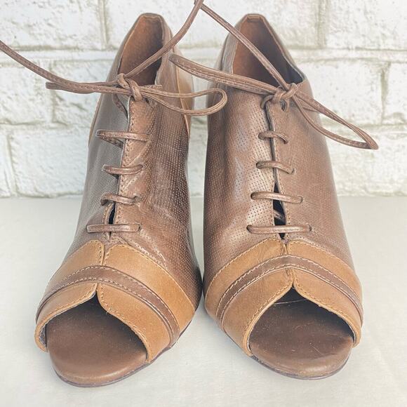 Schutz Heels Leather Shoes Peep Toe Pumps Lace Up Brown 37 6 B - Picture 6 of 10